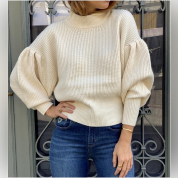 JUST FEMALE Sophie High Neck Chunky Knit Voluminous Sleeve Sweater Antique White - Picture 13 of 14